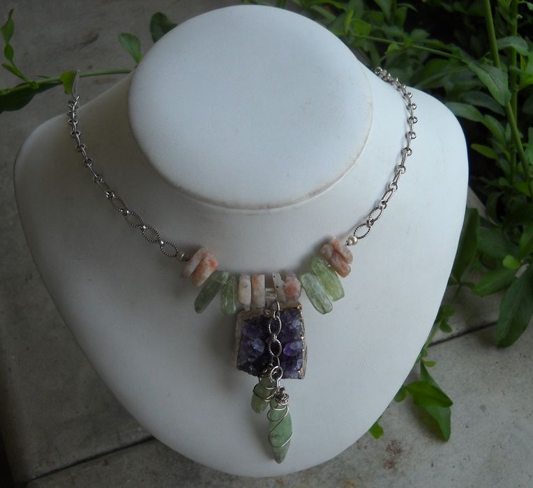 Amethyst Nugget, Kyanite, Moonstone Necklace Amethyst Nugget, Kyanite, Moonstone Necklace