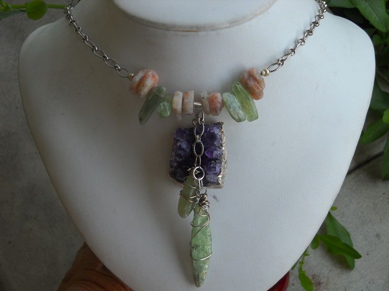 Amethyst Nugget, Kyanite, Moonstone Necklace Amethyst Nugget, Kyanite, Moonstone Necklace