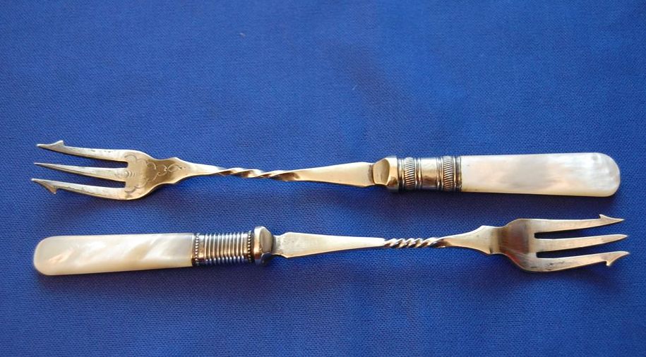 Vintage Mother of Pearl Handled Silver Plate Pickle Forks Vintage Mother of Pearl Handled Silver Plate Pickle Forks