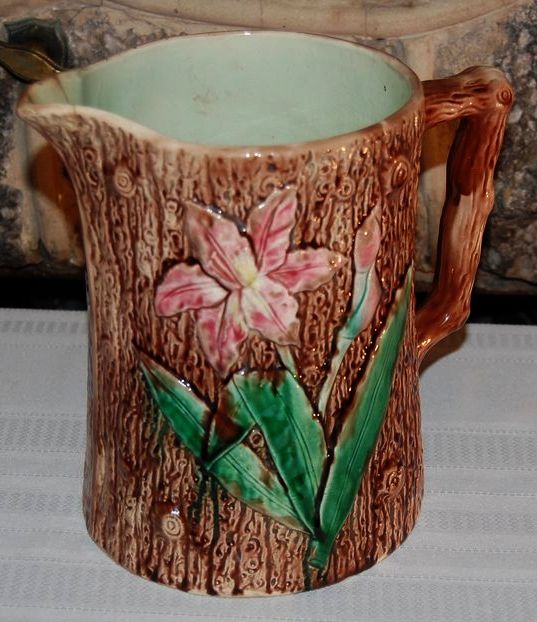 Early 1900's Majolica Brown Bark with Flowers Pottery Pitcher Early 1900's Majolica Brown Bark with Flowers Pottery Pitcher