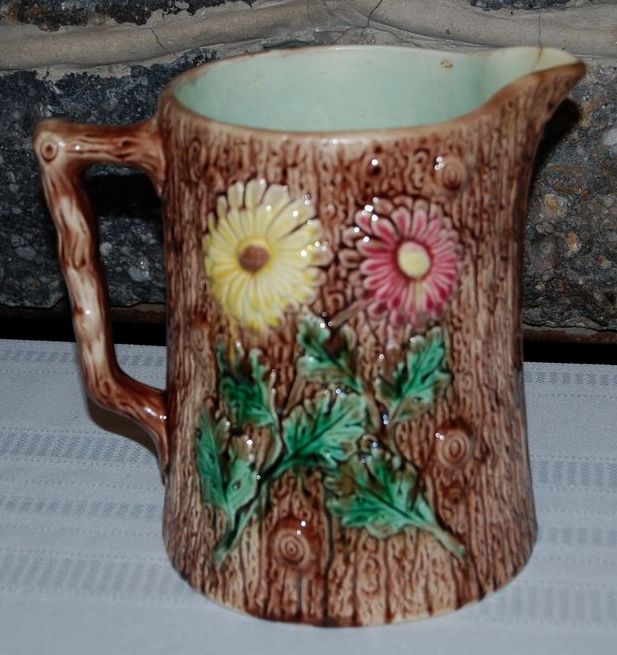 Early 1900's Majolica Brown Bark with Flowers Pottery Pitcher Early 1900's Majolica Brown Bark with Flowers Pottery Pitcher