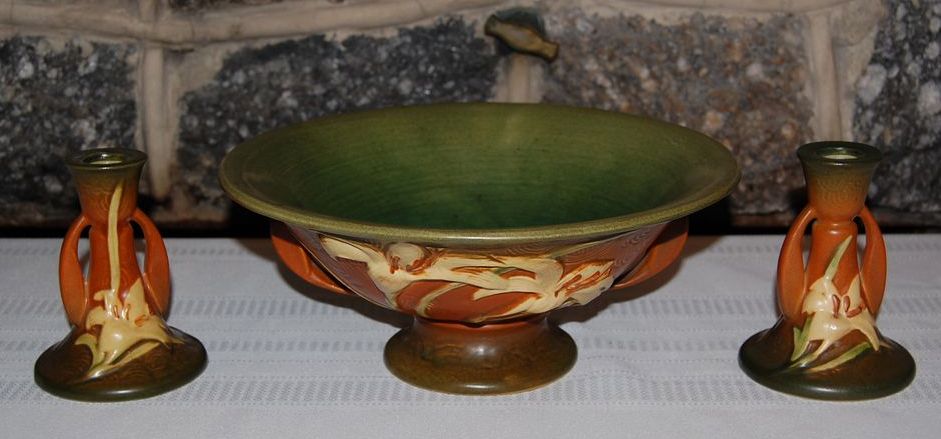 Roseville Pottery Zephyr Lily Console Bowl with Candlesticks Roseville Pottery Zephyr Lily Console Bowl with Candlesticks