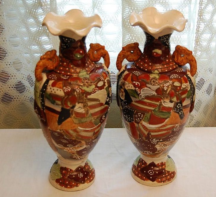 Vintage Hand Painted Satsuma Moriage Pottery Vases Vintage Hand Painted Satsuma Moriage Pottery Vases