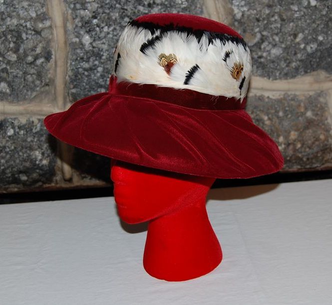 Vintage Ladies Red Velveteen Brim Hat with Feather Band Vintage Ladies Red Velveteen Brim Hat with Feather Band
