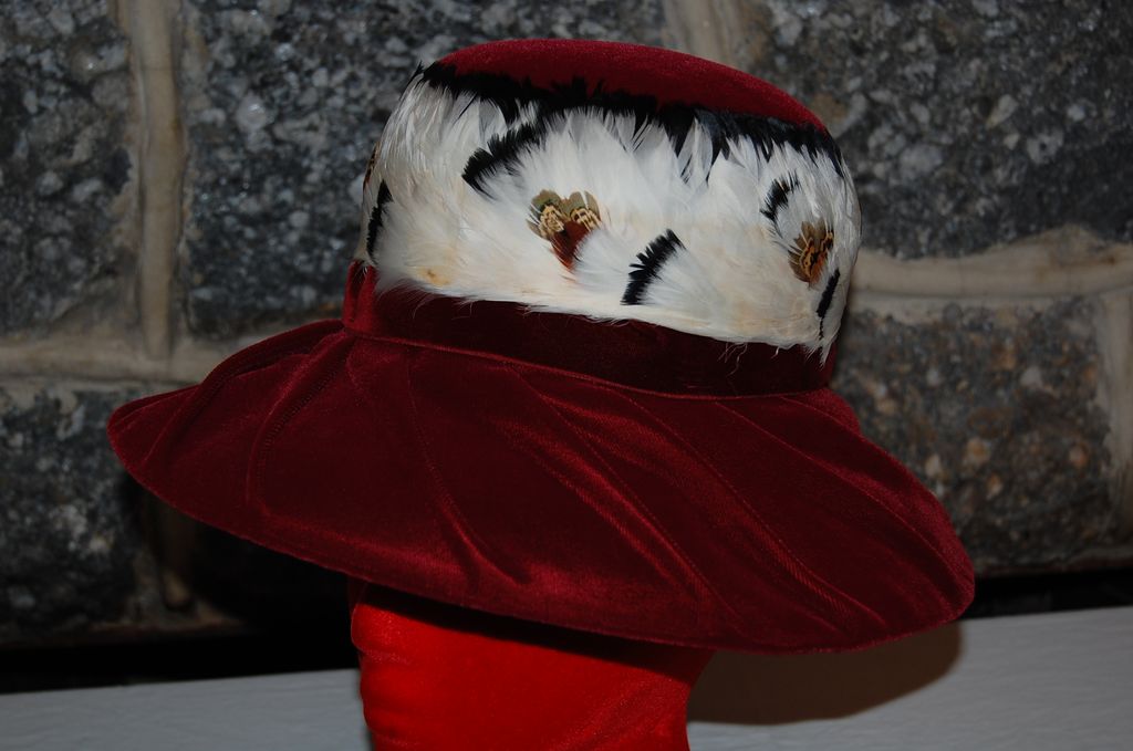 Vintage Ladies Red Velveteen Brim Hat with Feather Band Vintage Ladies Red Velveteen Brim Hat with Feather Band