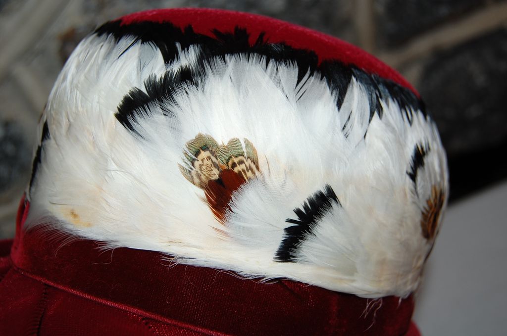 Vintage Ladies Red Velveteen Brim Hat with Feather Band Vintage Ladies Red Velveteen Brim Hat with Feather Band