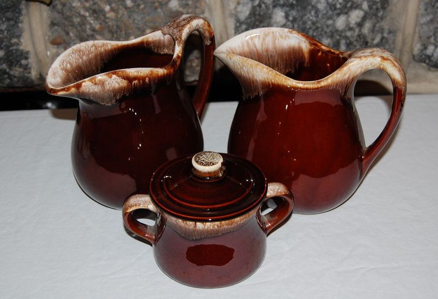 Vintage Mc Coy Pottery Brown Drip Pitchers and Sugar Bowl Vintage Mc Coy Pottery Brown Drip Pitchers and Sugar Bowl