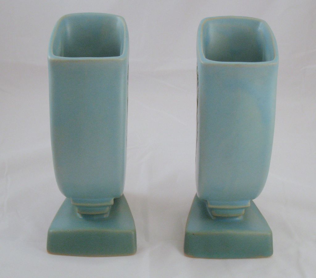 Roseville Silhouette Turquoise Blue Aqua Pottery Oak Leaf motif pair of vases Roseville Silhouette Turquoise Blue Aqua Pottery Oak Leaf motif pair of vases