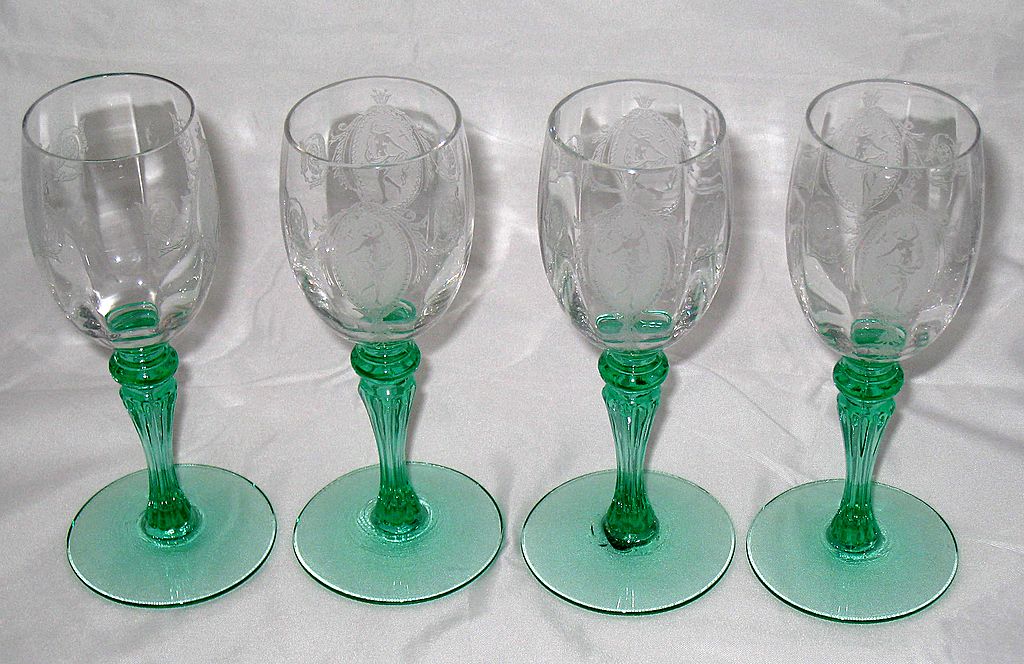 Tiffin Classic Optic Cordial goblets with Green stems - set of 4 Tiffin Classic Optic Cordial goblets with Green stems - set of 4