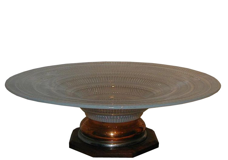 Unusual Art Deco Opalescent Glass Centerpiece Bowl w Macassar & Copper Base Unusual Art Deco Opalescent Glass Centerpiece Bowl w Macassar & Copper Base