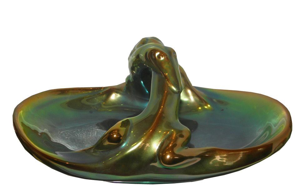 Art Nouveau Zsolnay Iridescent Porcelain Basket Bowl w Lizard Handle Art Nouveau Zsolnay Iridescent Porcelain Basket Bowl w Lizard Handle