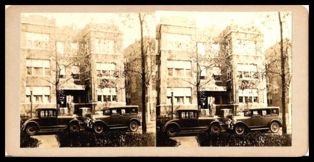 Amateur Stereo View of Apartment Building in Chicago with Vintage Cars Amateur Stereo View of Apartment Building in Chicago with Vintage Cars
