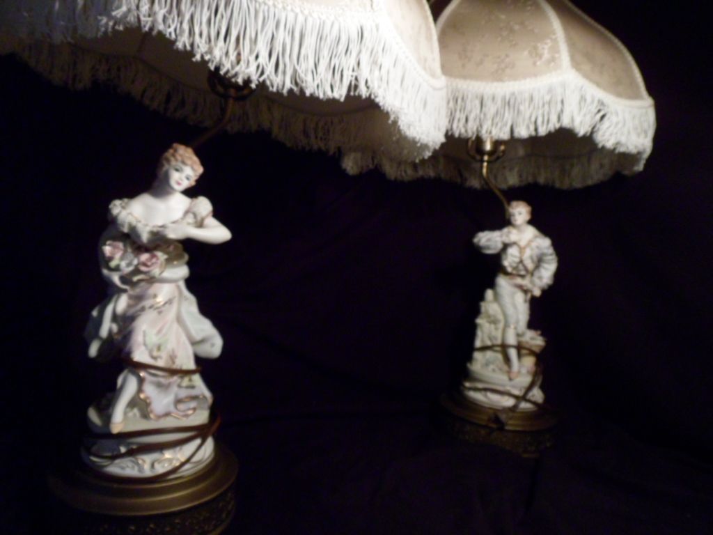 (2)Set of Figurine Lamps, Silk, Porcelain (2)Set of Figurine Lamps, Silk, Porcelain