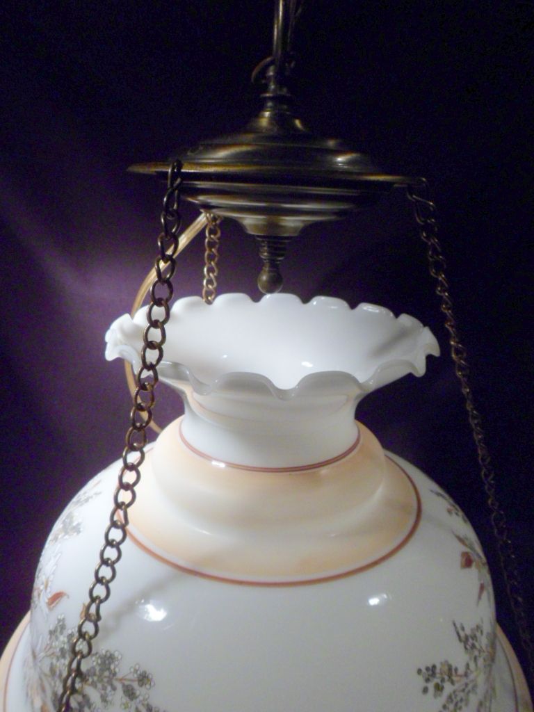 Large Vintage Hanging Lamp, Gone With The Wind, Hand-Painted Milk Glass, Floral Large Vintage Hanging Lamp, Gone With The Wind, Hand-Painted Milk Glass, Floral