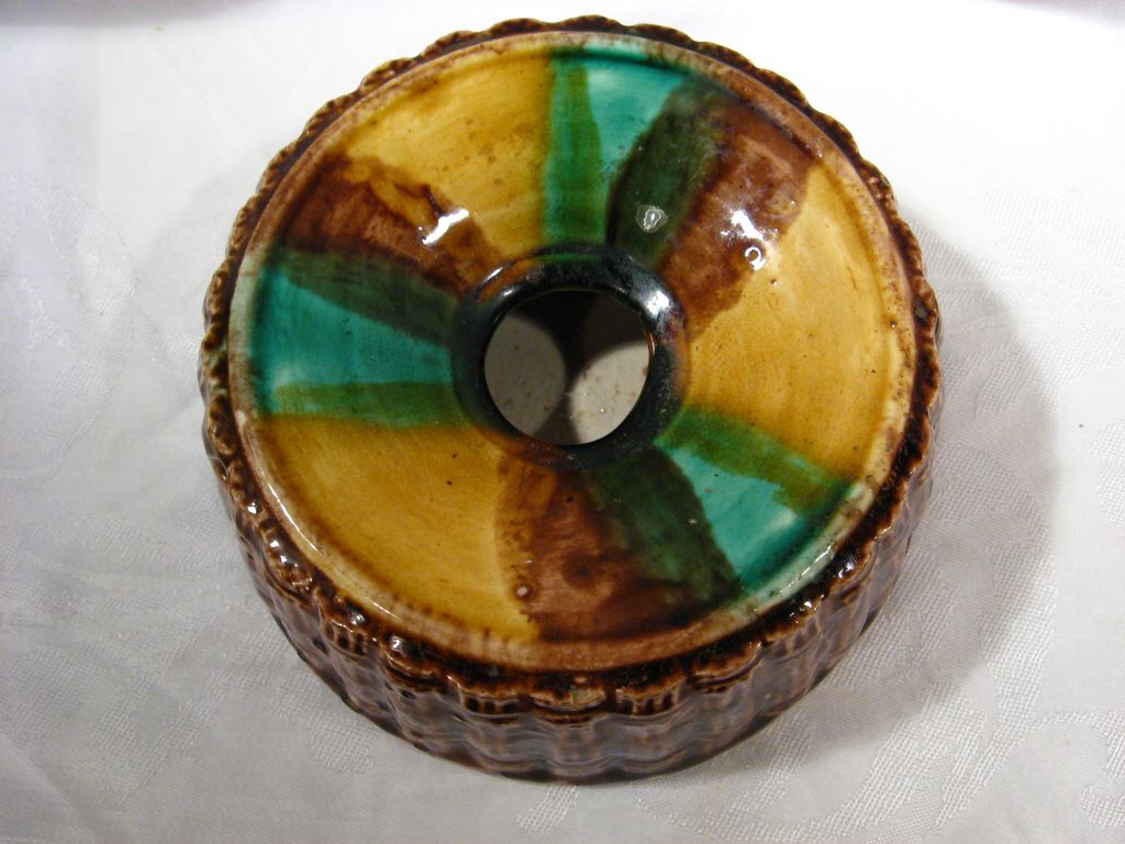 Antique Majolica Pottery Spittoon, Ladies Model, Bamboo, Colors Antique Majolica Pottery Spittoon, Ladies Model, Bamboo, Colors
