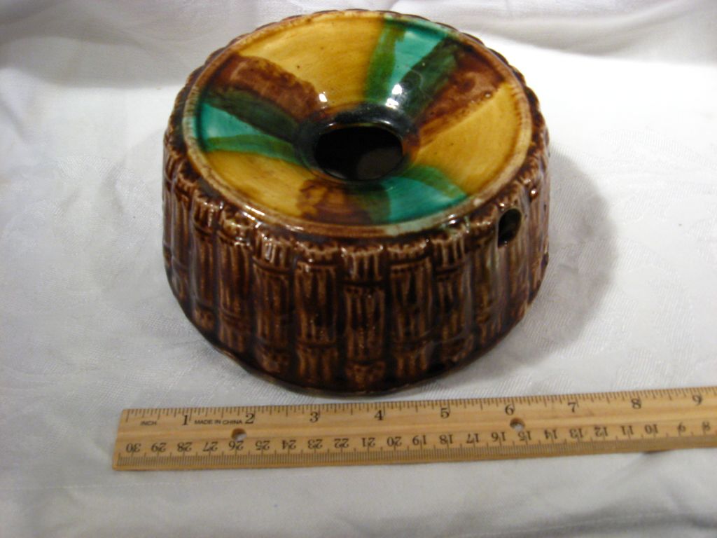 Antique Majolica Pottery Spittoon, Ladies Model, Bamboo, Colors Antique Majolica Pottery Spittoon, Ladies Model, Bamboo, Colors