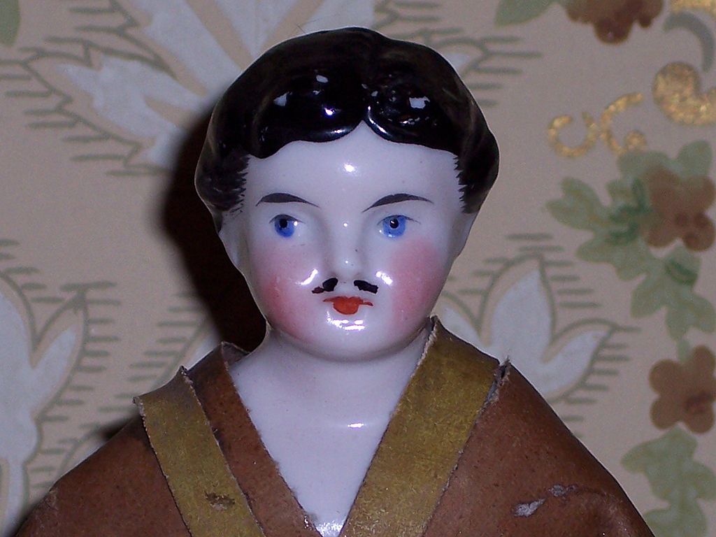 NEW PRICE! Cute Antique China Head Boy with Moustache and UNUSUAL Soldier Costume! NEW PRICE! Cute Antique China Head Boy with Moustache and UNUSUAL Soldier Costume!