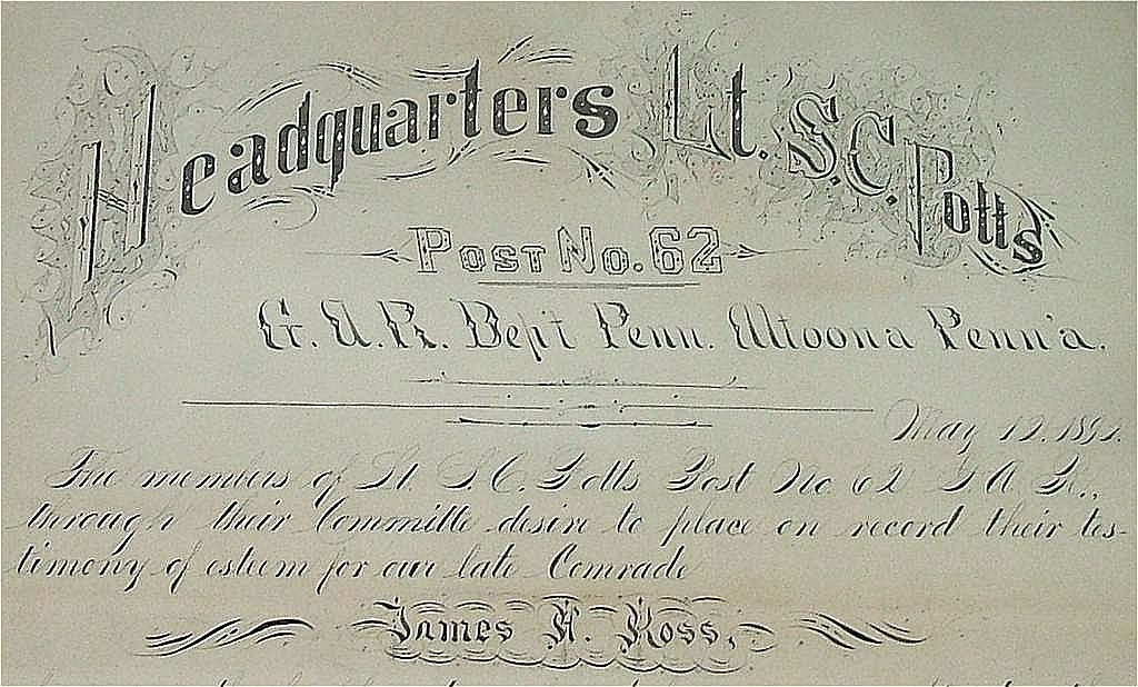 Civil War Veteran's G.A.R. Altoona, Pa. Post # 62 Memorial ; Rare Ink Calligraphy Military Record For Family. Civil War Veteran's G.A.R. Altoona, Pa. Post # 62 Memorial ; Rare Ink Calligraphy Military Record For Family.