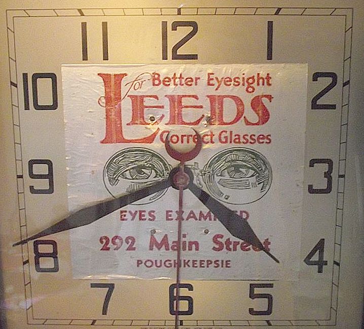 Electric Gallery Wall Clock used as Advertiser for "LEEDs Correct Glasses" in Poughkeepsie,NY. Ca. 1940. Electric Gallery Wall Clock used as Advertiser for "LEEDs Correct Glasses" in Poughkeepsie,NY. Ca. 1940.