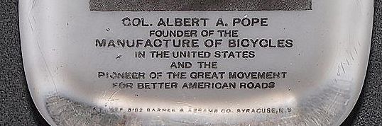 Founder of Bicycle Manufacturing "Col. Albert A. Pope" Paperweight Produced by Barnes & Abrams Pat. Sept.8,1882. Founder of Bicycle Manufacturing "Col. Albert A. Pope" Paperweight Produced by Barnes & Abrams Pat. Sept.8,1882.