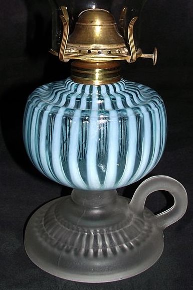 Rare Hobbs Opalescent Blue & White Stripes "Sheldon Swirl" Finger Lamp with a Frosted Footed Base !!! Ca. 1881. Rare Hobbs Opalescent Blue & White Stripes "Sheldon Swirl" Finger Lamp with a Frosted Footed Base !!! Ca. 1881.
