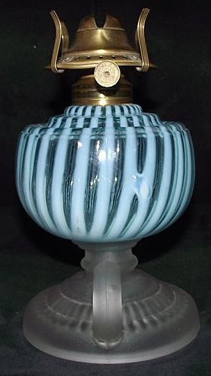Rare Hobbs Opalescent Blue & White Stripes "Sheldon Swirl" Finger Lamp with a Frosted Footed Base !!! Ca. 1881. Rare Hobbs Opalescent Blue & White Stripes "Sheldon Swirl" Finger Lamp with a Frosted Footed Base !!! Ca. 1881.