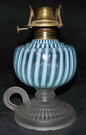 Rare Hobbs Opalescent Blue & White Stripes "Sheldon Swirl" Finger Lamp with a Frosted Footed Base !!! Ca. 1881. Rare Hobbs Opalescent Blue & White Stripes "Sheldon Swirl" Finger Lamp with a Frosted Footed Base !!! Ca. 1881.
