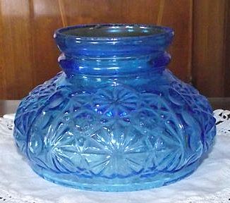 Miniature Blue Glass "Daisy & Buttons" Oil Lamp Shade. Miniature Blue Glass "Daisy & Buttons" Oil Lamp Shade.
