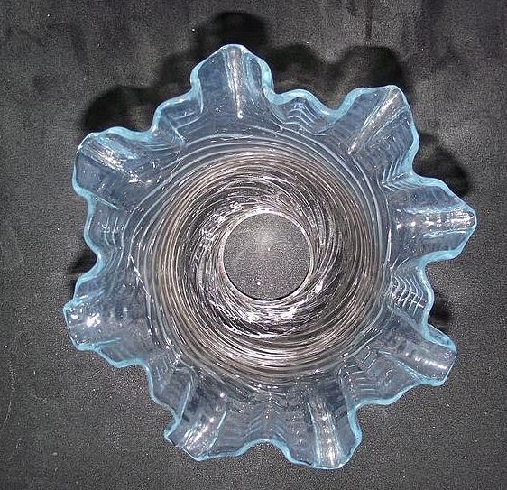 Clear Spiral Twist to Blue Top Ruffled Art Glass Electric Lamp Shade! Ca. 1905. Clear Spiral Twist to Blue Top Ruffled Art Glass Electric Lamp Shade! Ca. 1905.