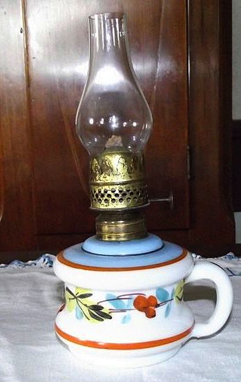 Miniature Blown Milk White Glass Finger Lamp with Original Hand Decorated Flowers ! Miniature Blown Milk White Glass Finger Lamp with Original Hand Decorated Flowers !