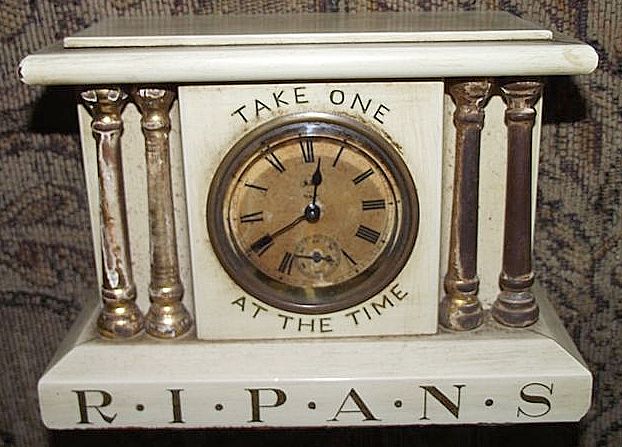 Miniature Drug Store Advertising Clock marked " R*I*P*A*N*S Take One At The Time" with original non-working Seth Thomas Movement & Paper Dial. Ca. 1900. Miniature Drug Store Advertising Clock marked " R*I*P*A*N*S Take One At The Time" with original non-working Seth Thomas Movement & Paper Dial. Ca. 1900.