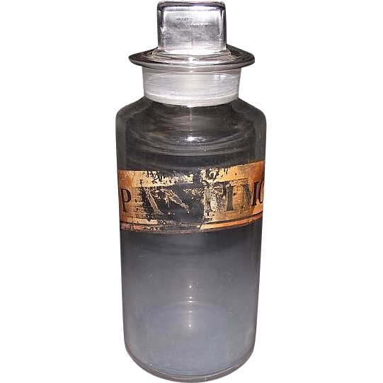 Free Blown "P.Antimon:" Apothecary or Drug Store Glass Jar with original polished glass Stopper ! Ca. 1870. Free Blown "P.Antimon:" Apothecary or Drug Store Glass Jar with original polished glass Stopper ! Ca. 1870.