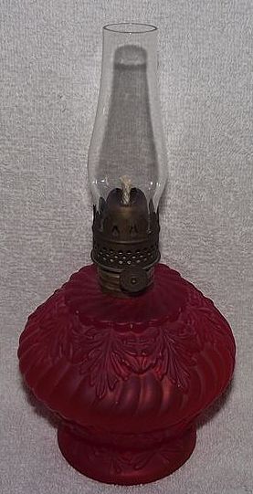 Miniature Red Satin Glass "Acanthus Leaf" Pattern Go-to-Bed Oil Lamp. Miniature Red Satin Glass "Acanthus Leaf" Pattern Go-to-Bed Oil Lamp.