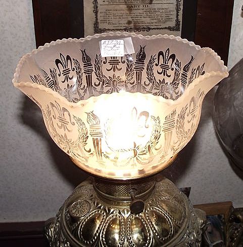 Satin Frosted & Acid Etched "Wreath & Torches" Pattern with Fleur-de-Lis and standard 4 inch base fitter !!! Circa 1900. Satin Frosted & Acid Etched "Wreath & Torches" Pattern with Fleur-de-Lis and standard 4 inch base fitter !!! Circa 1900.