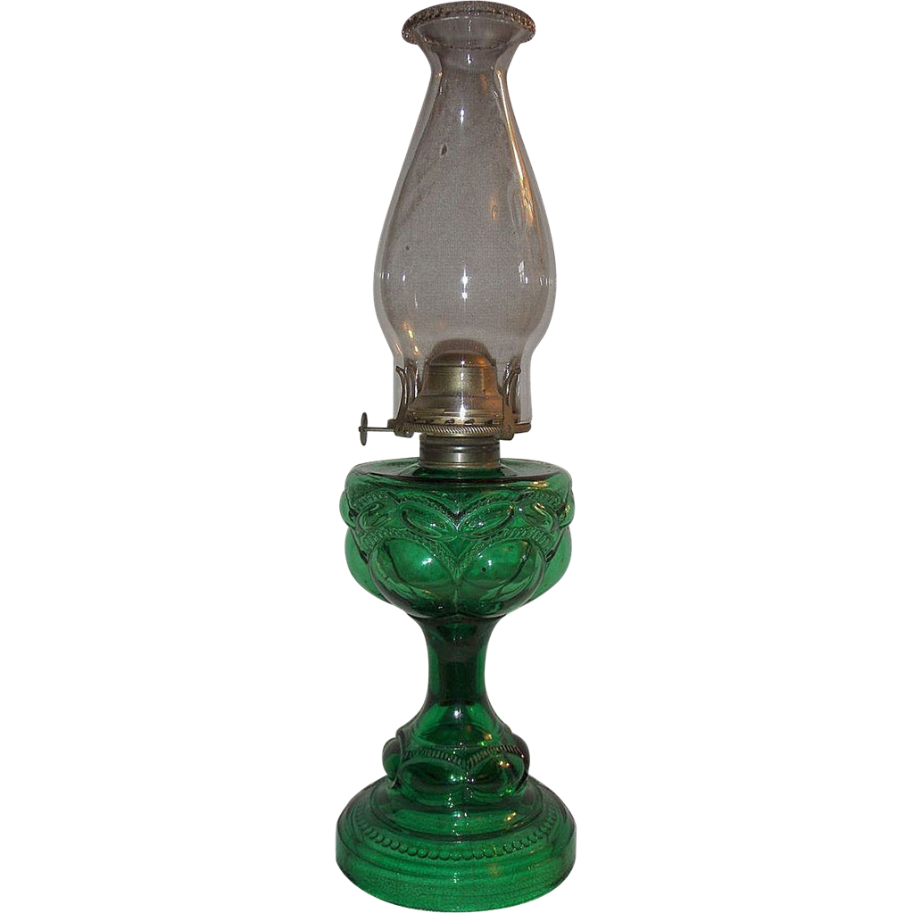 Antique Large Green "Peanut" Pattern Glass Oil Lamp ! Circa 1880. from