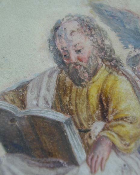 Miniature Early 18th c. (or earlier) Holy Man and Angel Watercolor in Frame Miniature Early 18th c. (or earlier) Holy Man and Angel Watercolor in Frame