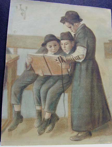 Judaica Watercolor - Scene in Heder or Shul - Boy with Tefillin Judaica Watercolor - Scene in Heder or Shul - Boy with Tefillin