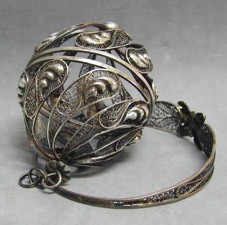 Early Silver Sewing Tool – Filigree Wool Ball Box with Bracelet Early Silver Sewing Tool – Filigree Wool Ball Box with Bracelet