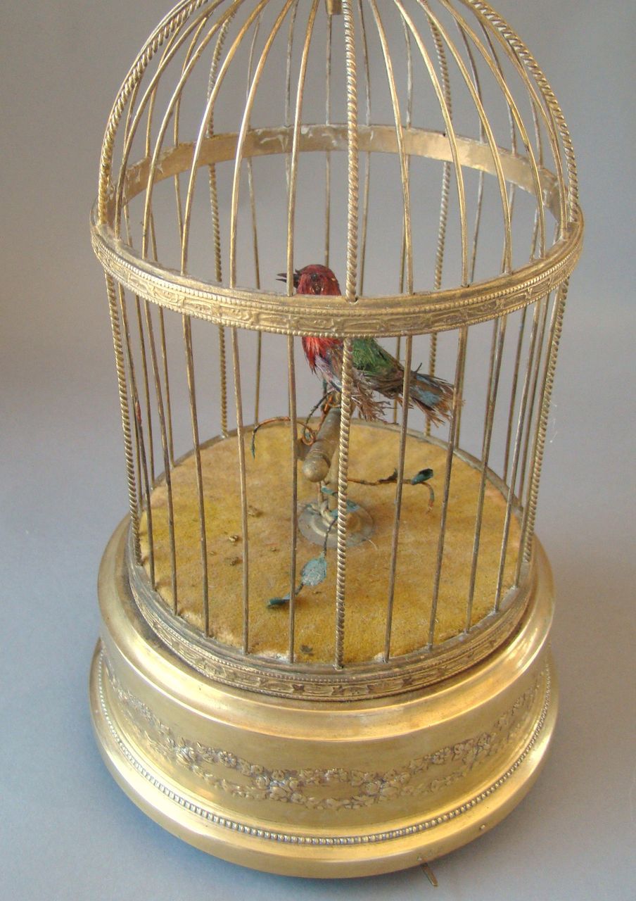 Antique French Singing Mechanical Bird in Cage Bontems from