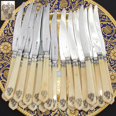 RARE 24pc Antique French 8" Knife Set, Armorial Carved Handles & Silver: Cardeilhac silversmith marks, 12/12 set RARE 24pc Antique French 8" Knife Set, Armorial Carved Handles & Silver: Cardeilhac silversmith marks, 12/12 set