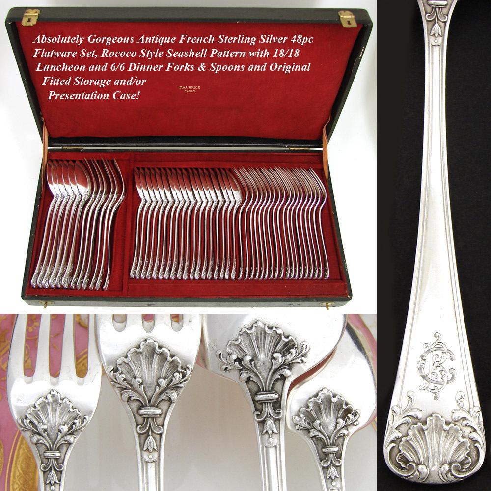 Antique French Sterling Silver 48pc Flatware Set, Seashell