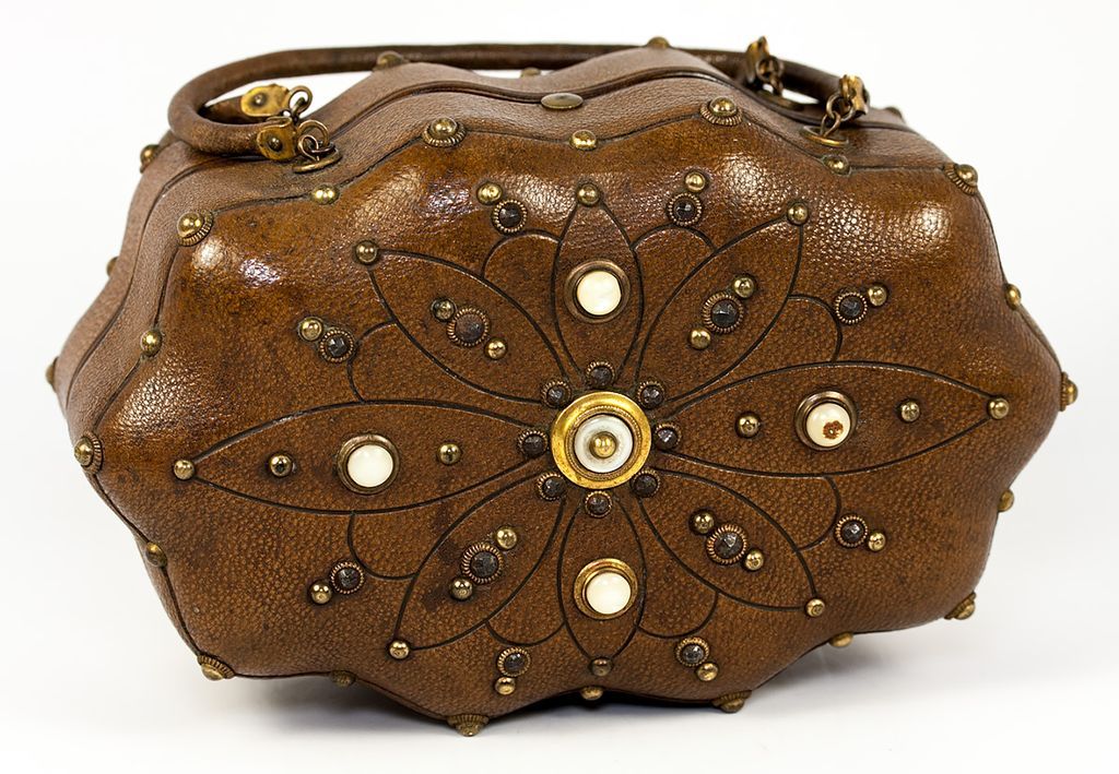 Antique French Sewing Purse, Mother of Pearl & Jeweled Leather Case