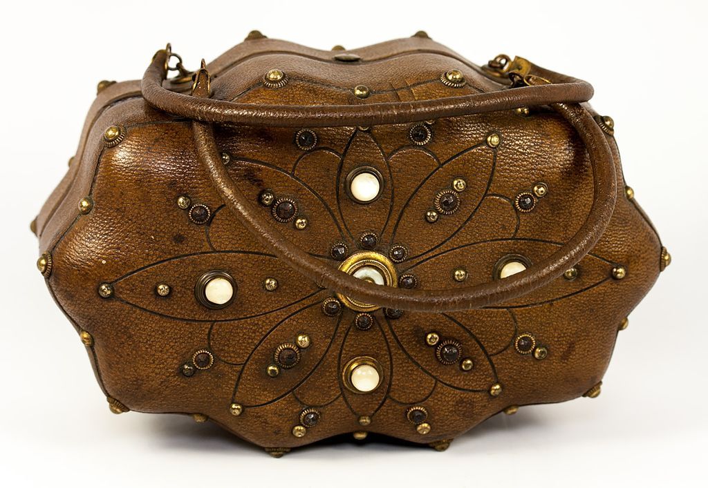 Antique French Sewing Purse, Mother of Pearl & Jeweled Leather Case