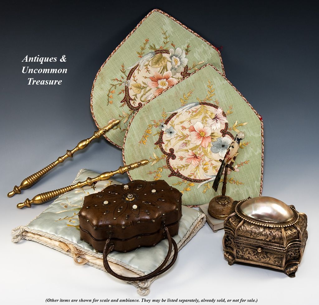 Antique French Sewing Purse, Mother of Pearl & Jeweled Leather Case