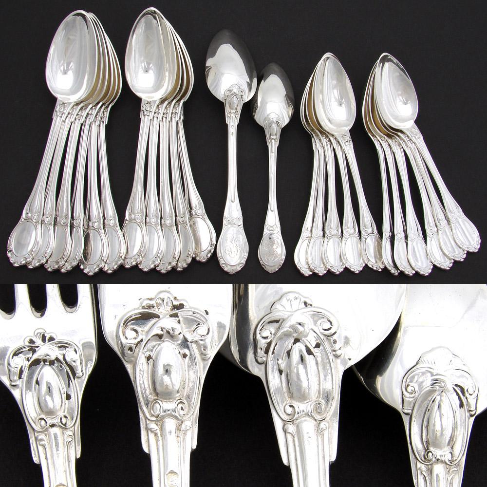 Antique French PUIFORCAT Sterling Silver 48pc Flatware Set, Ornate