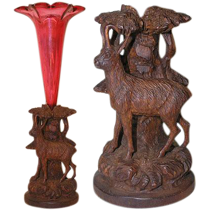 Superb Antique Black Forest Epergne Stand, Cranberry Glass Vase Superb Antique Black Forest Epergne Stand, Cranberry Glass Vase