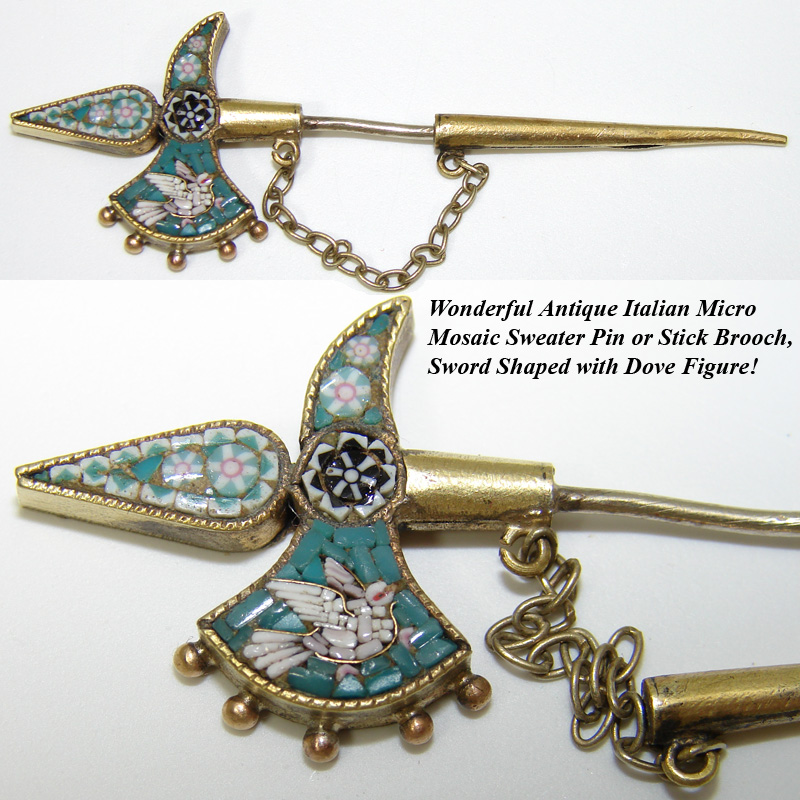 Antique Micro Mosaic Sweater Pin, Brooch Sword with Dove Antique Micro Mosaic Sweater Pin, Brooch Sword with Dove