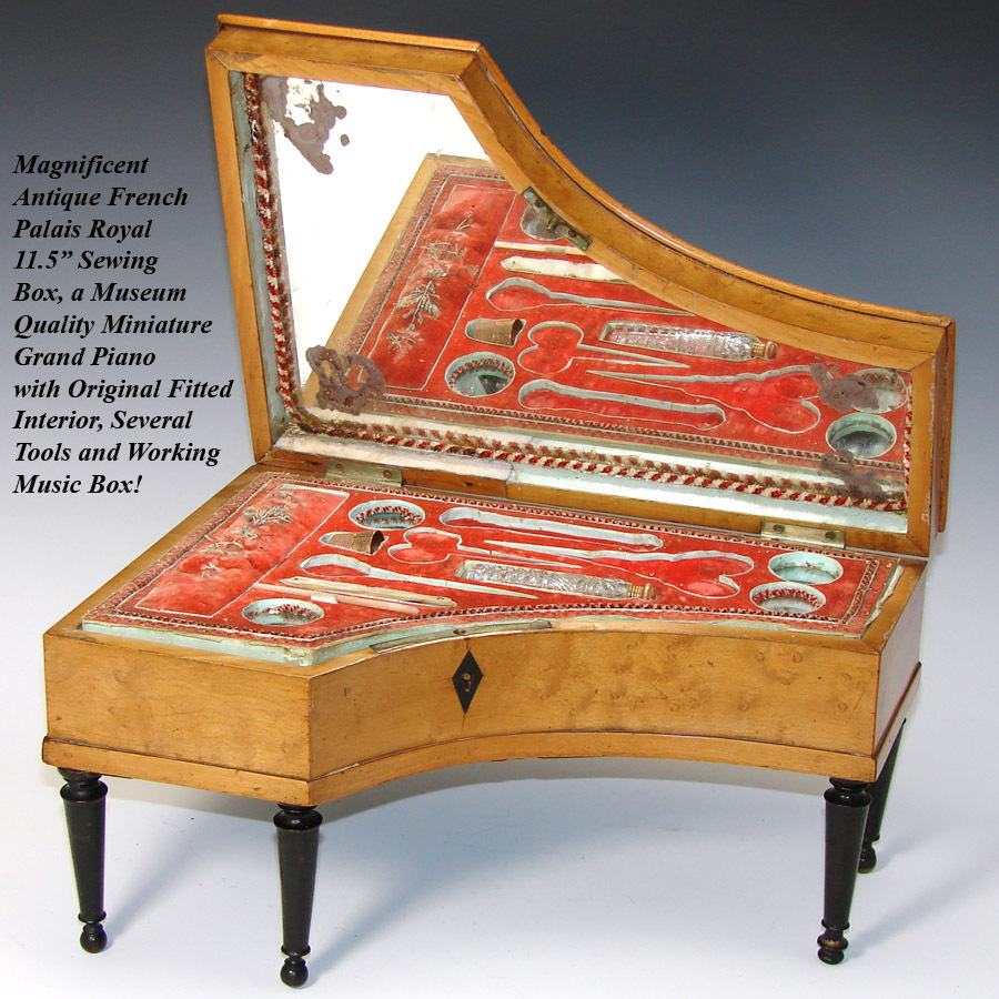 Rare Antique Palais Royal Sewing Box, 11" Harpsichord, Grand Piano Rare Antique Palais Royal Sewing Box, 11" Harpsichord, Grand Piano