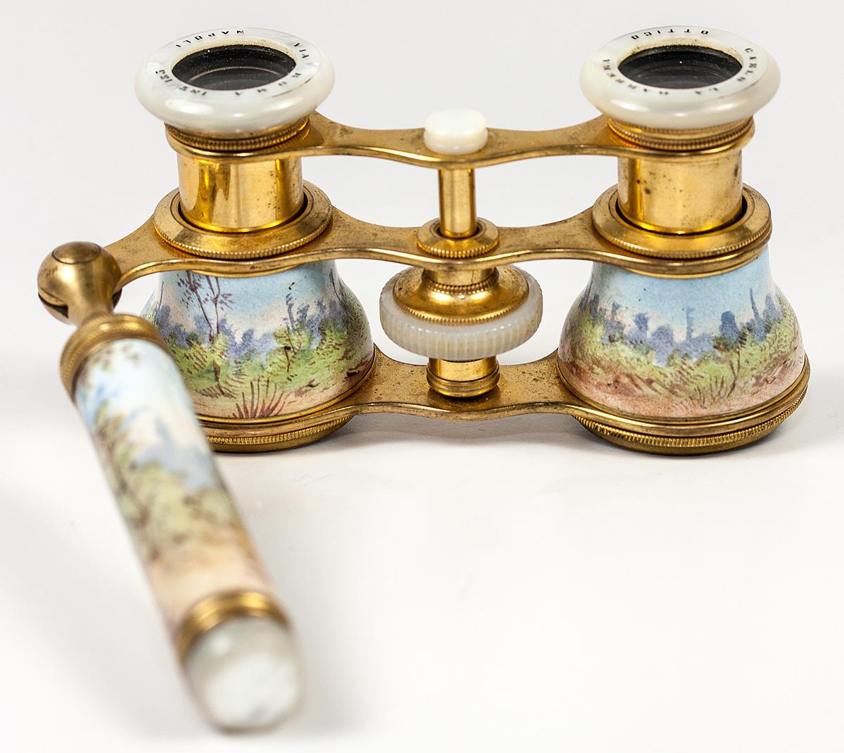 19th c. French Kilnfired Enamel Opera Glasses, Binoculars,