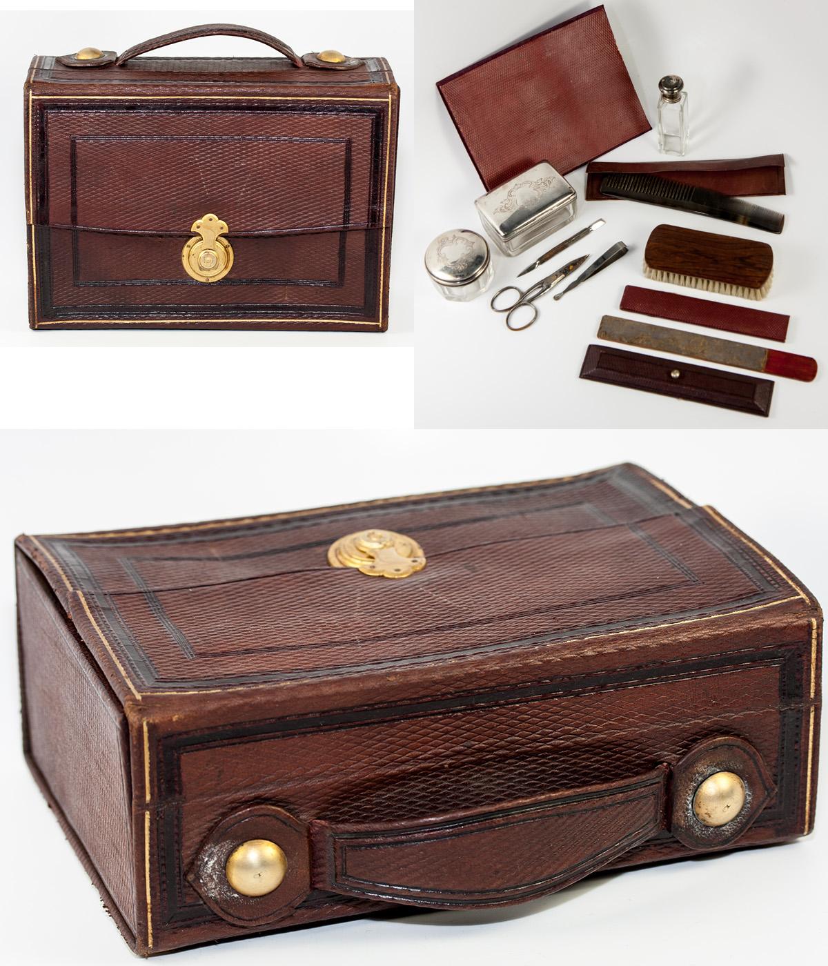 Antique French Grand Tour Travel Valet, Vanity Items in Leather Valise